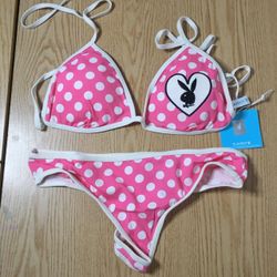 New Womens Vintage Playboy 2Pc Polka Dot Thong Bikini Swimsuit Size Large 