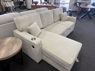 Sleeper sectional with storage in beige corduroy
