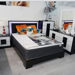 NEW KING BEDROOM SET – BLACK & WHITE WITH LED LIGHTS