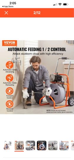 Drain Cleaner Machine 100FT × 1/2 Inch, Auto Feed Sewer Snake Drain Auger on Wheels, Portable Drain Cleaning Machine with 8 Cutters & Air-activated Fo
