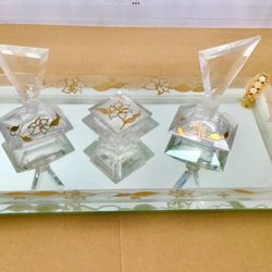 1950s Large Vanity Dresser Set Mirror Tray 2 Perfume Bottles Lidded Jewelry Box Hollywood Regency Style Gold Ornate
