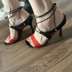 Chanel Red & Black Vintage Heels Sandals Mules 6 6.5 36.5 7