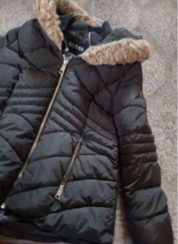 Guess green Puffer Jacket with Faux Fur Collar size L women