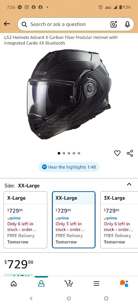 LS2 XXL Advant X Carbon Fiber Modular Helmet with Integrated Cardo 4X Bluetooth