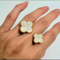 Gold With Pearls Floral Flower Cuff Between Fingers Ring Size 8 9 10