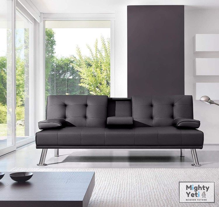 Obsidian Black Leather Futon (Free Delivery)