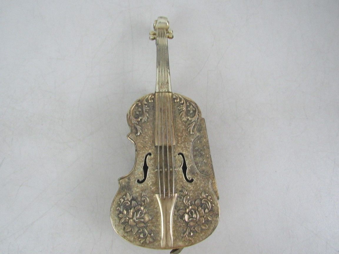 Vtg Gold Tone Embossed Cello/Violin Musical Metal Trinket Box-Japan
