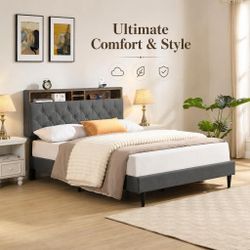 Full Bedframe, Upholstered Platform with USB Charging, Dark Gray Button-tufted linen headboard with storage pockets and built-in power outlet