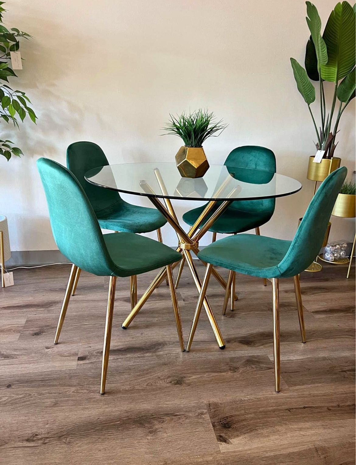 Dark Green Velvet Gold Round Kitchen Table Dining Set