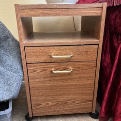 Brown Rolling Side Table With Drawers