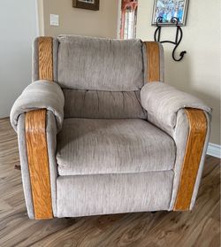 Vintage Upholstered Recliner Armchair with Oak Wood Trim