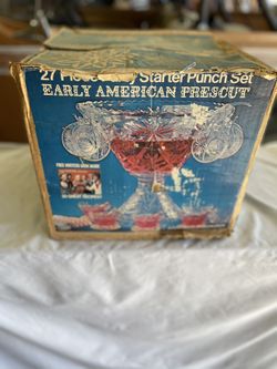 Early American Prescut Punch Bowl With Cups