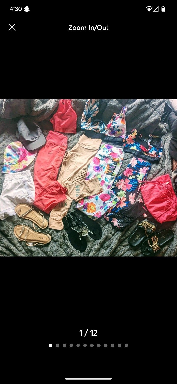 Summer clothing bundle 
Four Victoria's secret ultimate pink leggings and top matching sets !

Two pairs of shorts. Two hats, three sandals
Size small