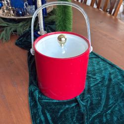 Vintage Ice Bucket Christmas Red Lucite Handle Gold Knob 