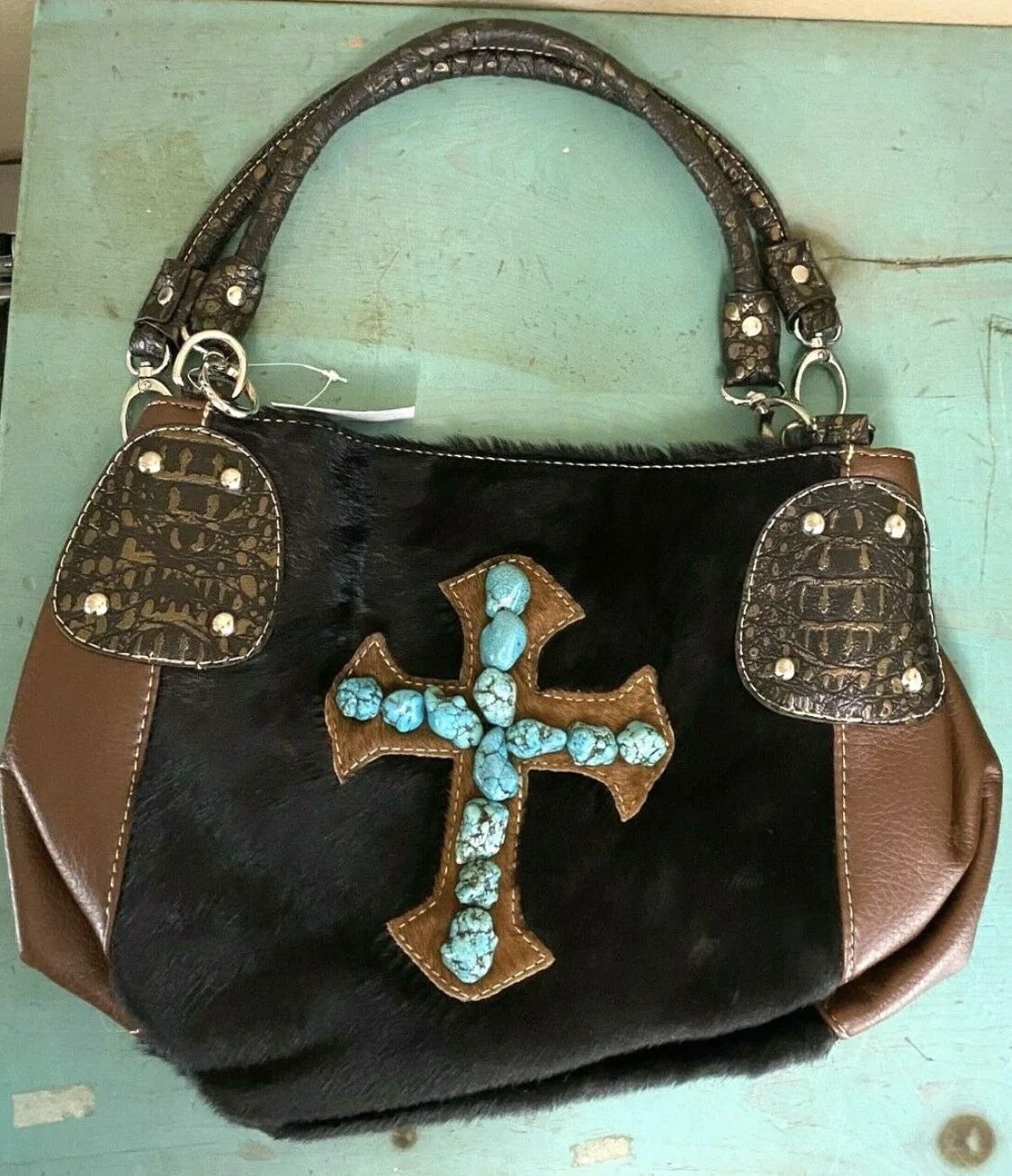 Brown Goat Hair Western Shoulder Bag Tote Purse Turquoise Chunky Bead Cross