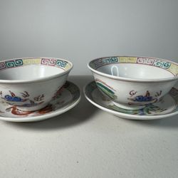 2 Set Of Vintage Chinese  Famille Rose Porcelain Bowls And Plates.