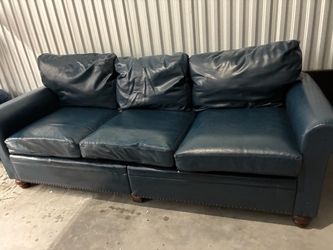 Navy Blue Leather 3-Seat Sofa with Nailhead Trim