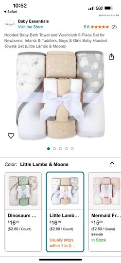 Hooded Baby Bath Towel and Washcloth 6 Piece Set for Newborns, Infants & Toddlers, Boys & Girls Baby Hooded Towels Set (Little Lambs & Moons)