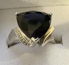 Vintage Signed AV 925, 14K Black Faceted Glass Ring With Diamonds