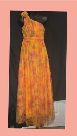 Floral One Shoulder Chiffon Maxi Dress Applique Sunset Orange Yellow