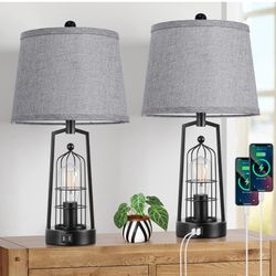 Farmhouse Table Lamps with 2 USB Ports, Set of 2 Rustic Industrial Desk Lamp for Living Room, 2-Light Black Bedside Lamp, Bedroom Nightstand Lamp with
