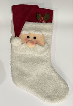 Vintage Style Sherpa Santa Face Christmas Stocking 3D Holly Berries Used Like New