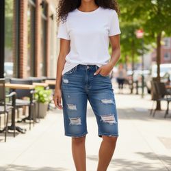 Helena High Rise Long  Rider Shorts  Women’s Size 12  Denim Jean Bermuda 