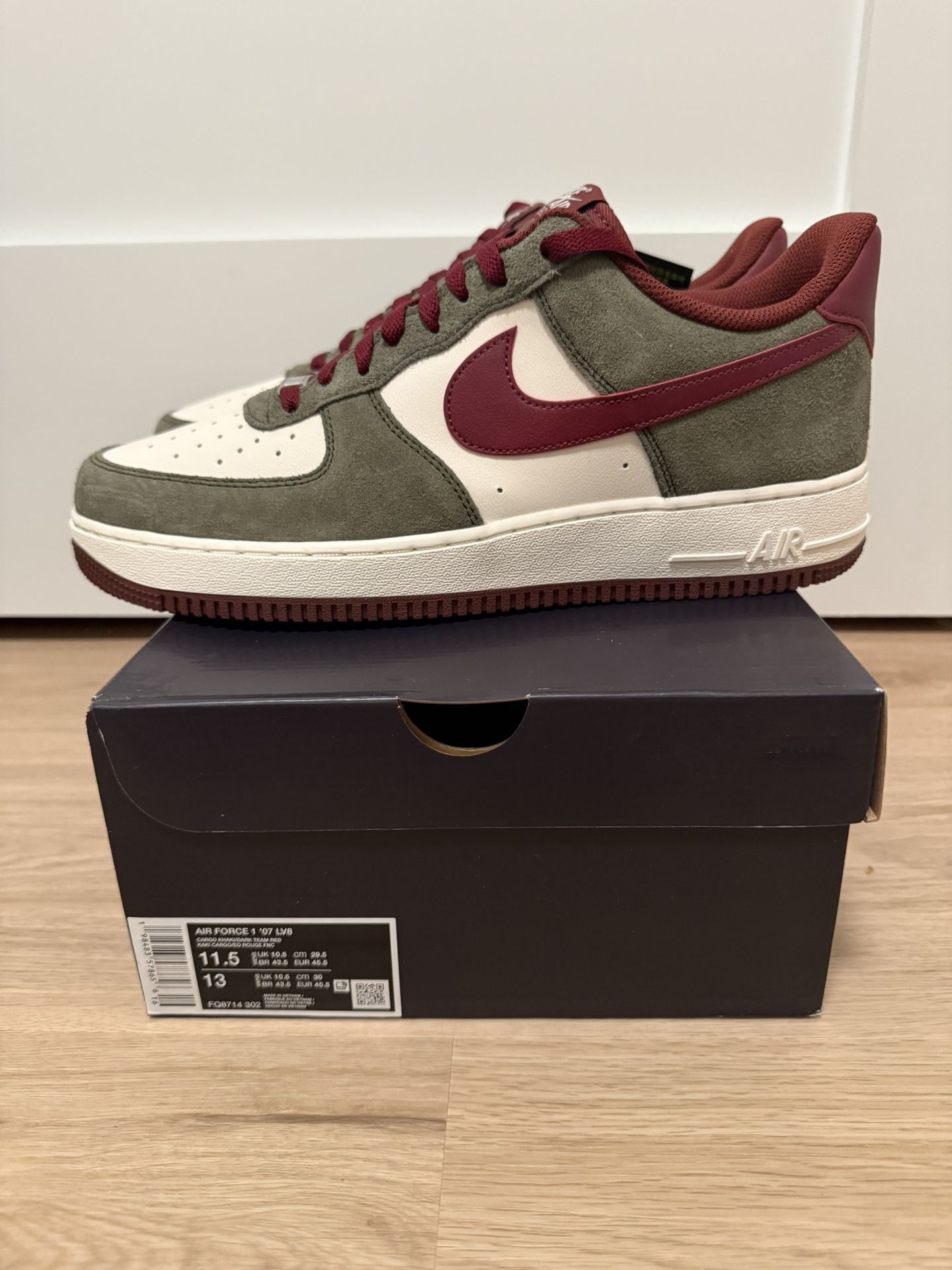 Nike Air Force 1”Cargo Khaki Pale Ivory Dark Team Red”Men’s Size 11.5 FQ8714-302