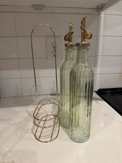 Glass Oil and Vinegar Bottle Set with Gold Caddy