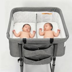 NEW Double Bassinet for 2 Babies, Portable Crib Twins Adjustable Bedside