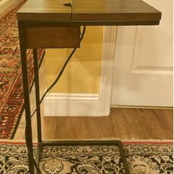 Wrought Iron Wood Top Side/Work Station Table With USB Port
