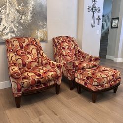 TWO High End Luxury UNIVERSAL FURNITURE Feather Blend Oversized Accent Chairs w/ Ottoman