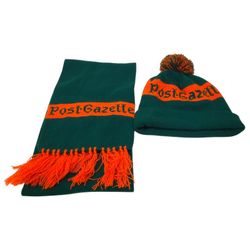 Vintage Pittsburgh Post Gazette Beanie Hat Skull Cap and Scarf Green and Orange