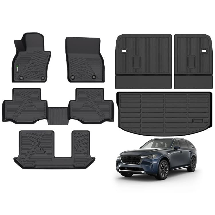 Floor Mats & SeatBack Cargo Liner | CX90 2024-2025 8 Passenger | 2nd Row with Bench Seat | (60/40 Velcro Tape Fixed Backmats) TPE 3 Rows Waterproof Ca