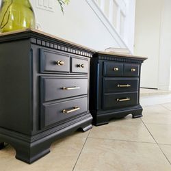 Pair of Black Nightstands with Wood Tops