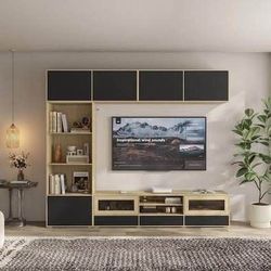 SALE! New Wall Mounted TV Stand with Cabinets and Shelving, Oak and Black