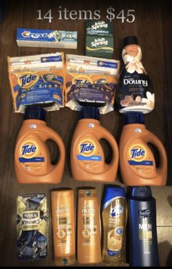 5 Tide; 2 Garnier Fructis; 2 Dial Body Wash; 1 Schick Razors; 1 Downy; 1 Toothpaste; 2 Irish Spring Bath Soap: 14 Items $45