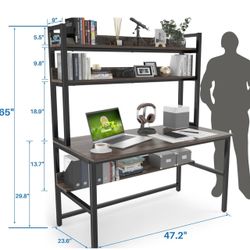 Desk with Hutch Bookshelves, Computer Desk with 3 Tiers Storage Shelves, Space Saving Design Black Metal Legs Desk with Grey Board, Easy Assemb
