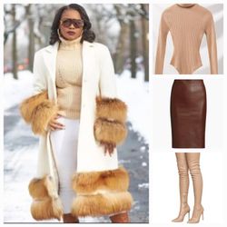 New Cream trench, tan turtleneck, and brown skirt, tan boots size 8