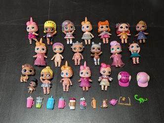 L.O.L. Surprise! Doll Lot of 18 Dolls, Pet, Accessories, Clothes, & Drink Bottles