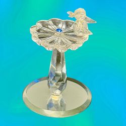 Vintage 1980s Retired Crystal Clear Glass Birdbath Bird Blue Accent, 2.5”