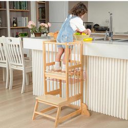 Toddler Tower, Kids Kitchen Step Stool with Safety Rails, Toddler Standing Tower Adjustable Height, Wooden Kitchen Stool for Kids, for Living Room Cou