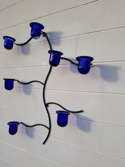 Stunning Wrought iron / blue glass candle holder