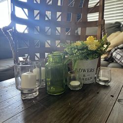 Farmhouse Décor Bundle – Tobacco Basket, Candle Holders, Green Bud Vases & Faux Floral