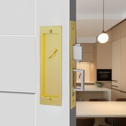 Hoconnie Pocket Door Privacy Lock,Recessed Handle Latch,Invisible Finger Flush Pulls With Edge Pull For Pocket Doors, Folding&Sliding Doors (Gold)