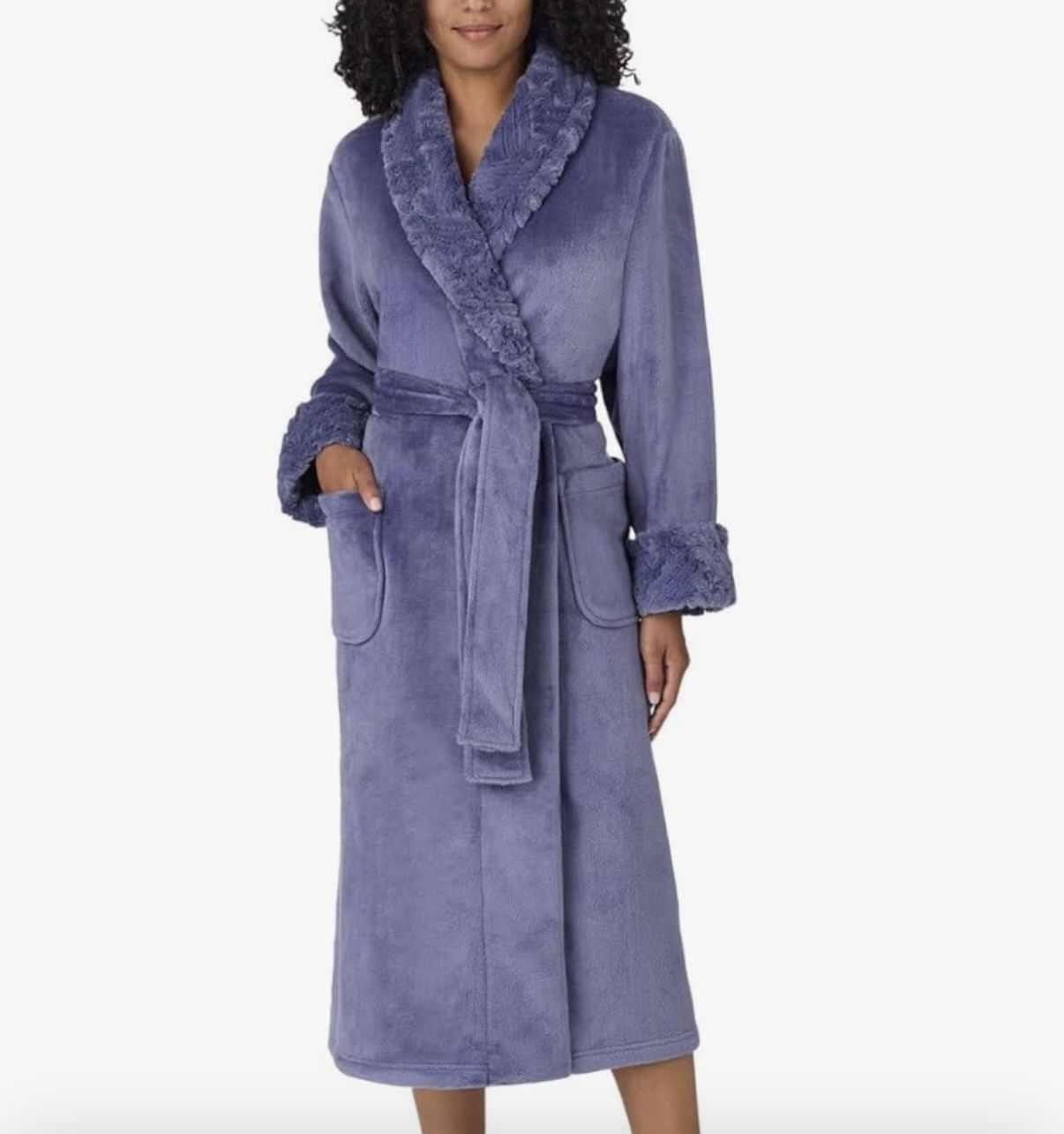 Carole Hochman Women's Shawl Collar Plush Robe Purple Soft Fleece w/ Sherpa Trim