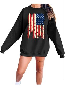 Brand New Oversized USA Flag Sweatshirt Women: Patriotic Tshirt 4th July Shirt Long Sleeve Casual Pullover Tops (Size XXL)