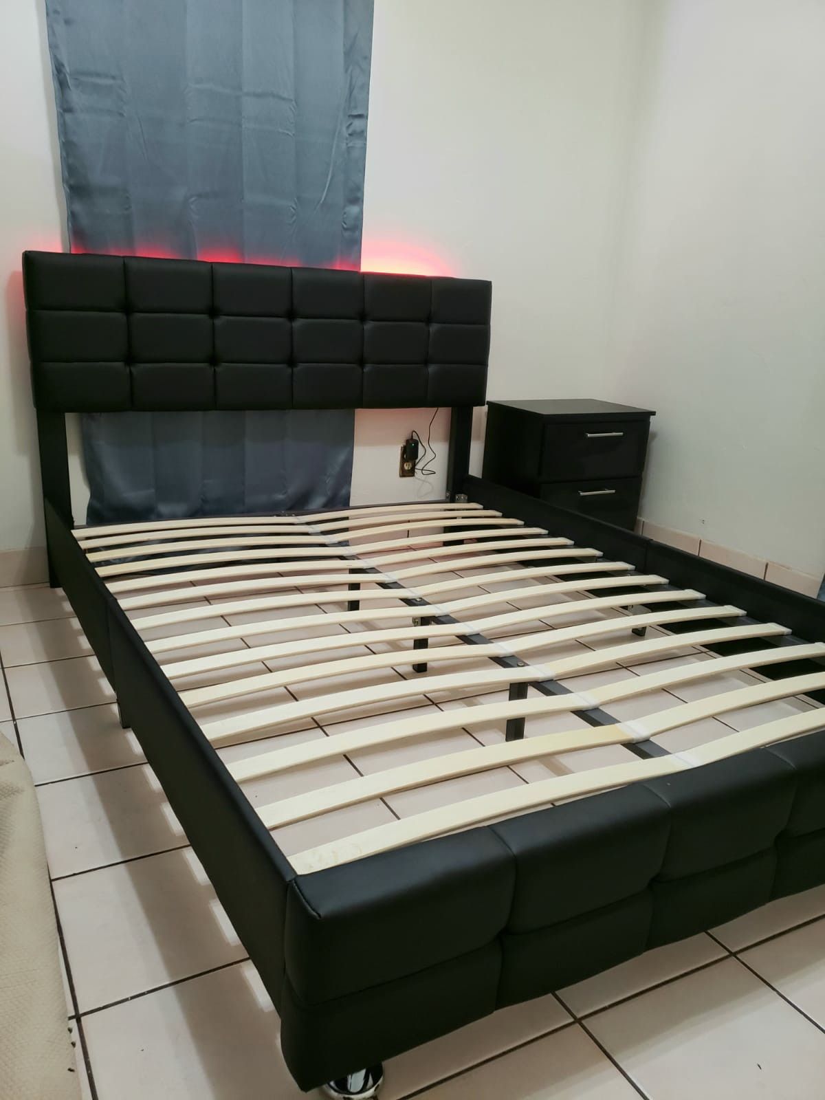 NEW IN BOX QUEEN UPHOLSTERED BED FRAME PLATFORM AND NIGHT STAND 😊 MATTRESS SOLD SEPARATELY