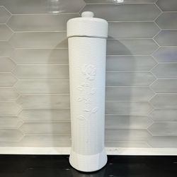 Vintage Breamco White Plastic Blow Mold Toilet Paper Roll Holder MCM Rose Floral  Plastic wicker look design with rose embossed on front.  22 1/2“ Tal