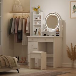 Makeup Vanity Dressing Table, Vanity Mirror with Lights and Table Set - 52"H - White